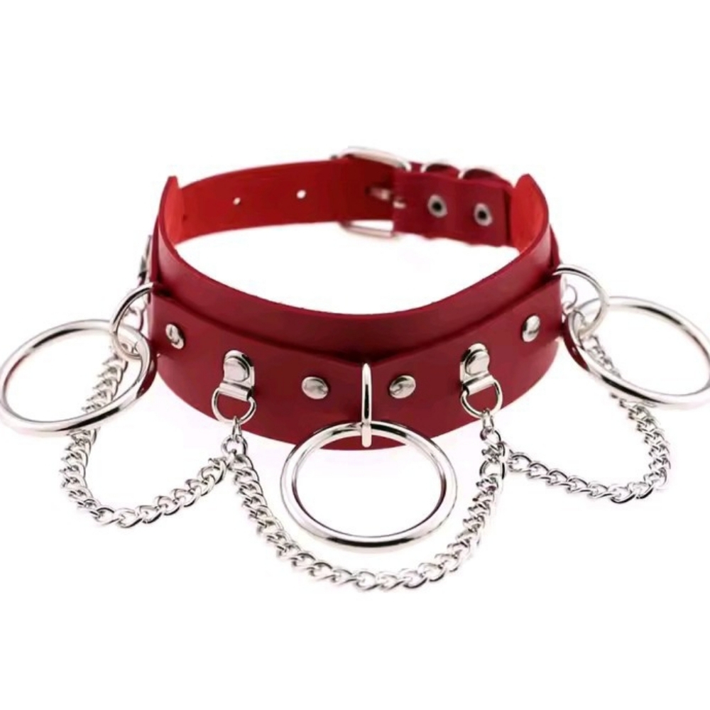 Red Leather 3-Ring Buckle Collar with Looping Chain Accents